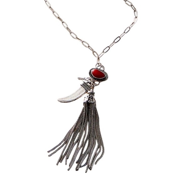 Free People Jewelry - Free People Dandee Long Necklace NWT Silver Red Agate Tassel Boho Charm